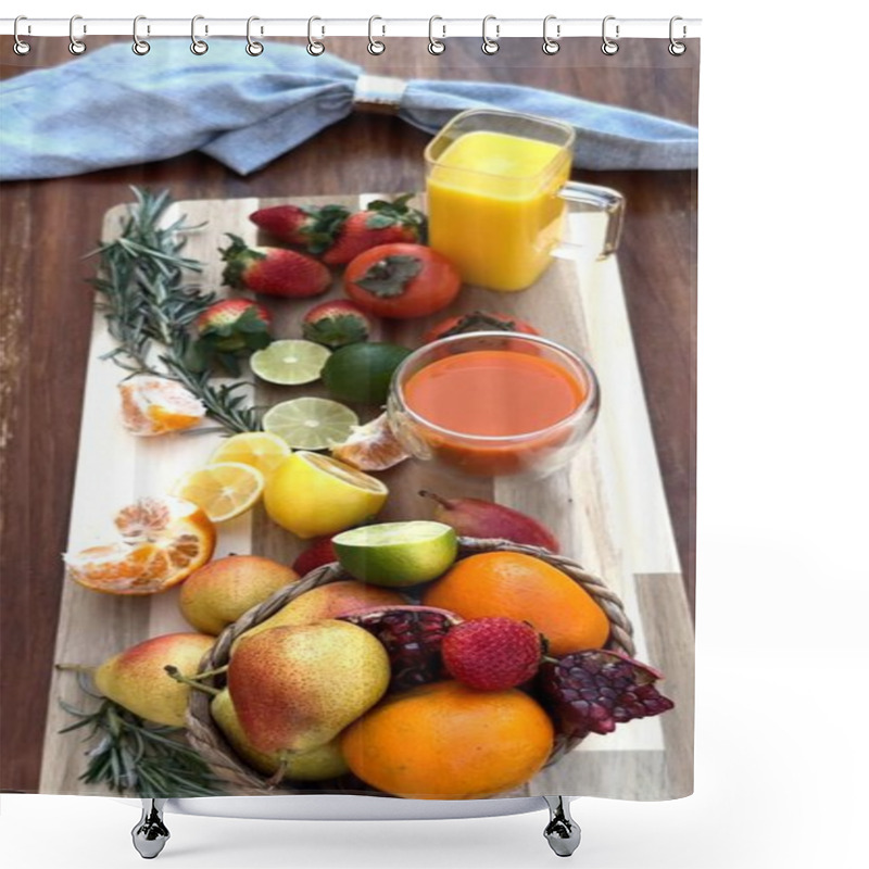 Personality  Bright Eco Fruits Arranged With Citrus Highlights Create Vibrant Seasonal Display. Eco Citrus, Organic Oranges, And Fresh Fruits Celebrate Natural Freshness And Seasonal Eco Harmony. Shower Curtains