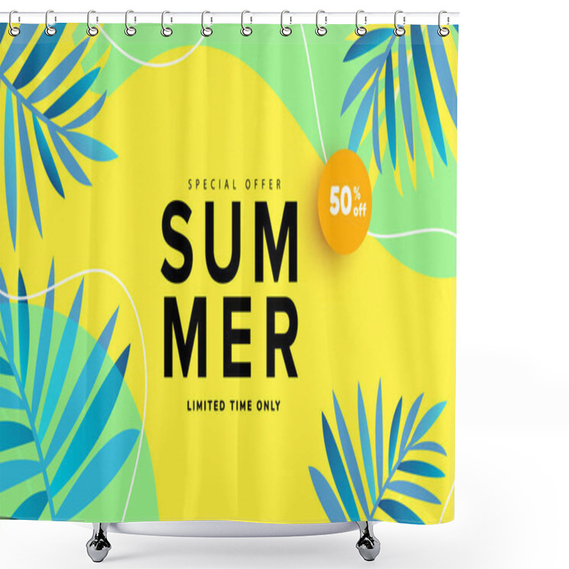 Personality  Summer Sale Editable Template Banner With Fluid Liquid Elements, Tropical Leaves And Bubble Forms On Green Background With Copy Space For Banner, Greeting Card, Poster And Advertising Shower Curtains