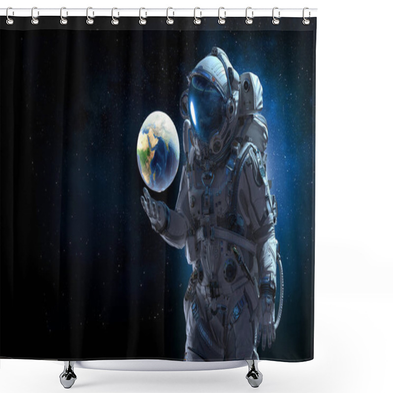 Personality  Spaceman And His Mission. Mixed Media Shower Curtains