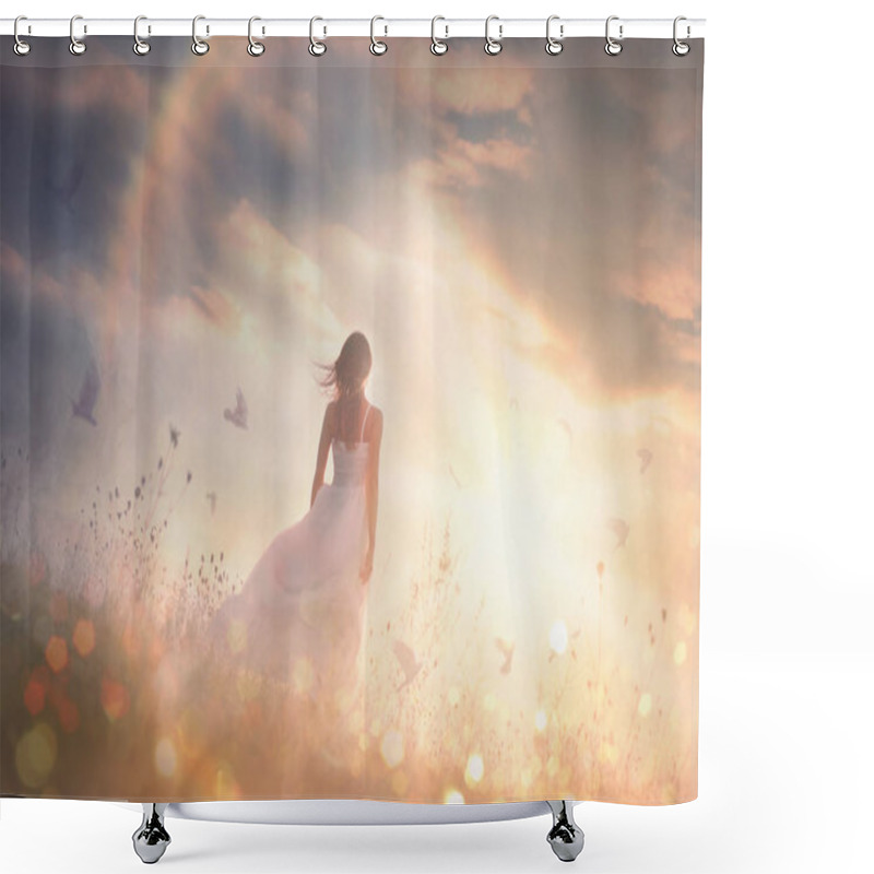 Personality  Free Girl At Dawn In A Field Shower Curtains