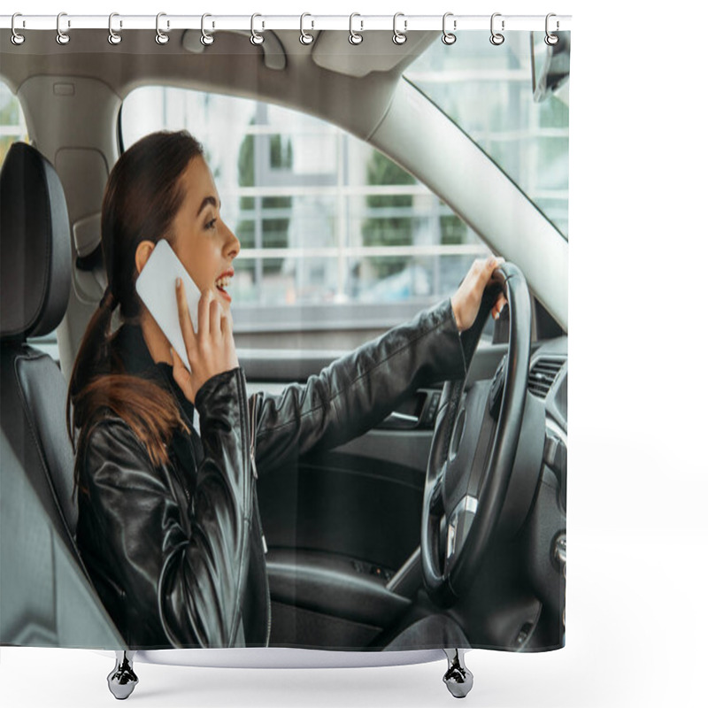 Personality  Smiling Woman Talking On Smartphone While Driving Car Shower Curtains