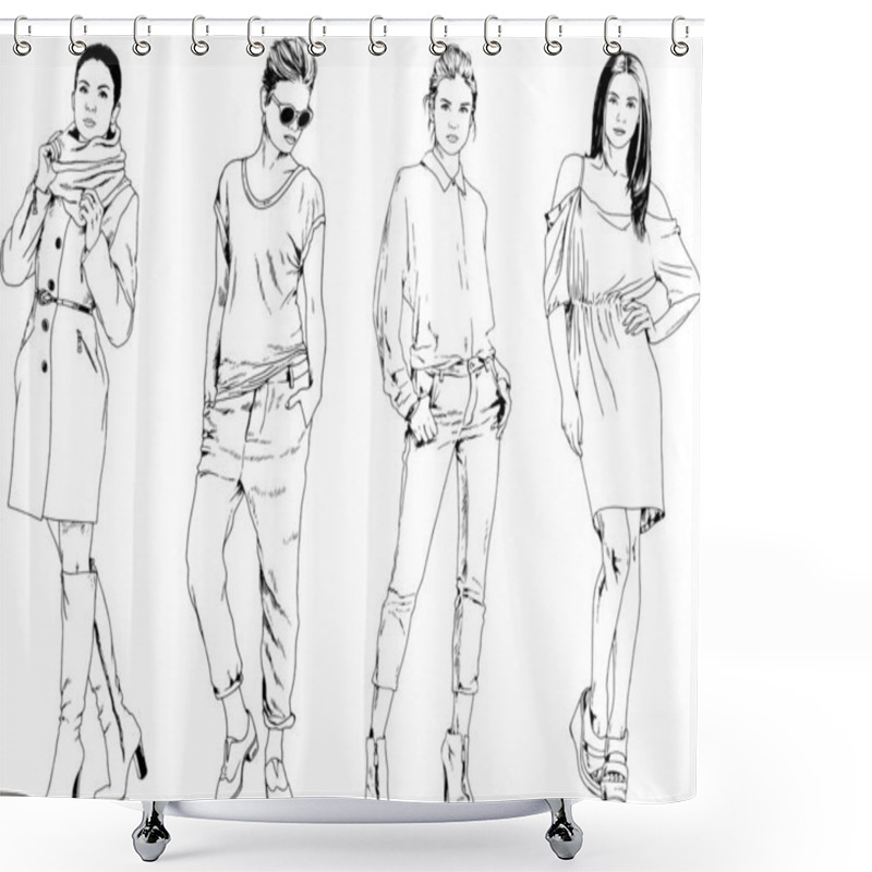 Personality  Beautiful Slim Girl In Casual Clothes, Drawn In Ink By Hand On A White Background Shower Curtains