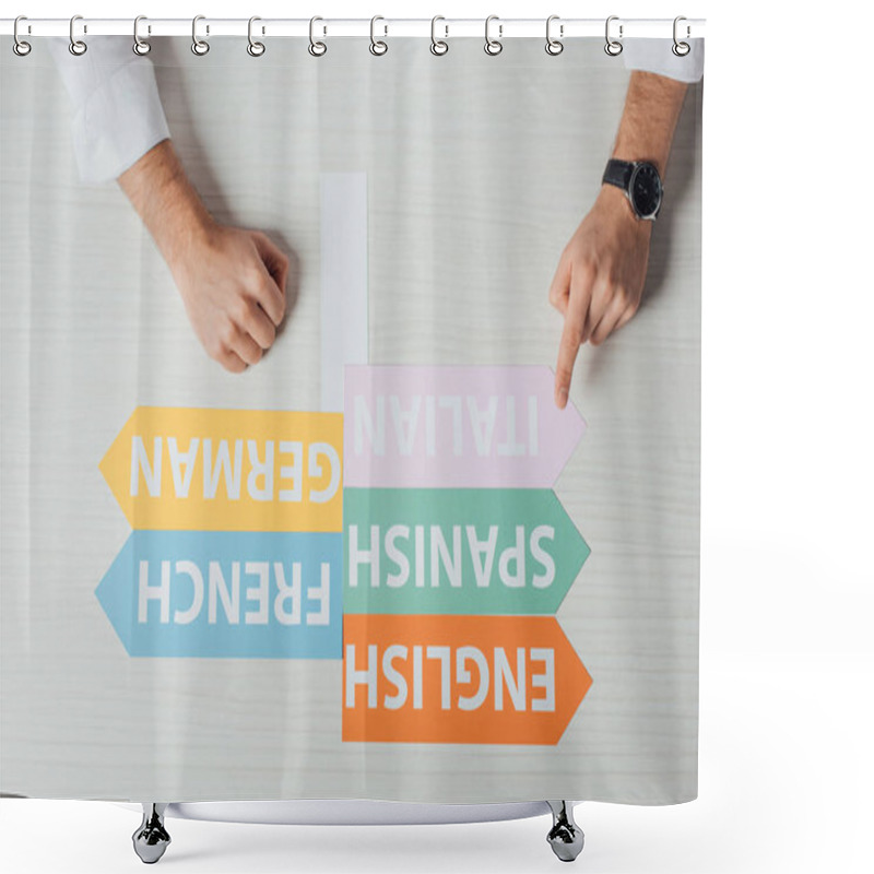 Personality  Top View Of Translator Pointing At Arrows With Languages Shower Curtains