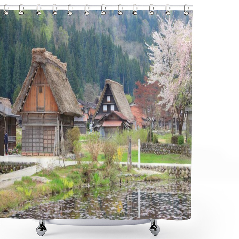 Personality  Japan Landmark Village. Shirakawa-go Traditional Village In Japan. Spring Time Cherry Blossoms. Shower Curtains