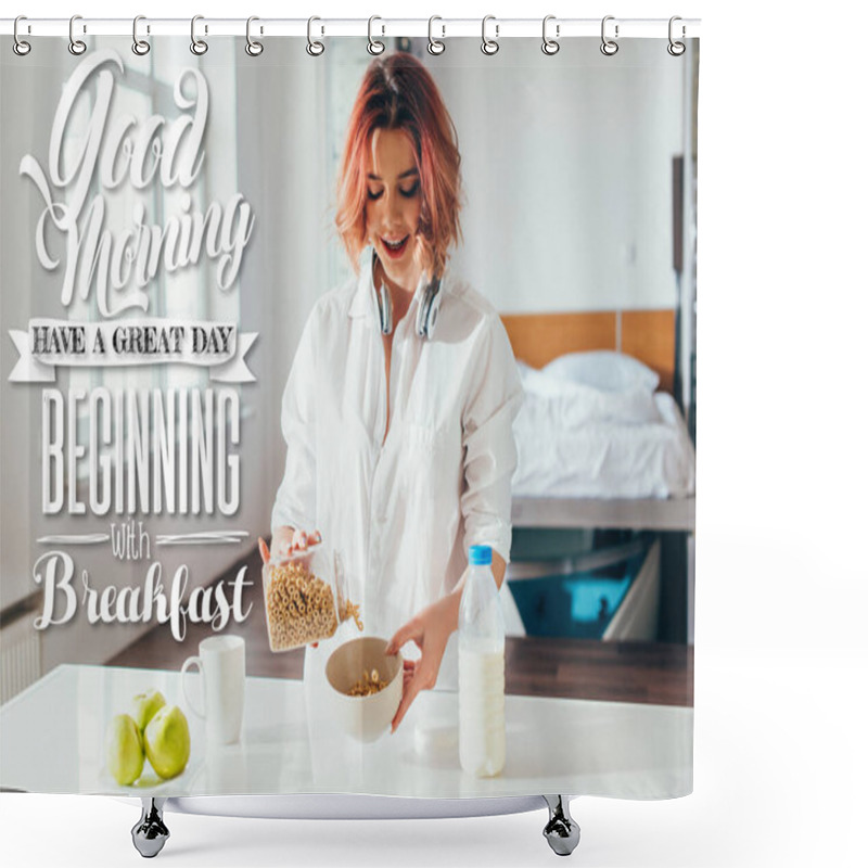 Personality  Excited Woman Having Cornflakes With Milk And Apples For Breakfast During Self Isolation With Good Morning, Have A Great Day Beginning With Breakfast Lettering   Shower Curtains