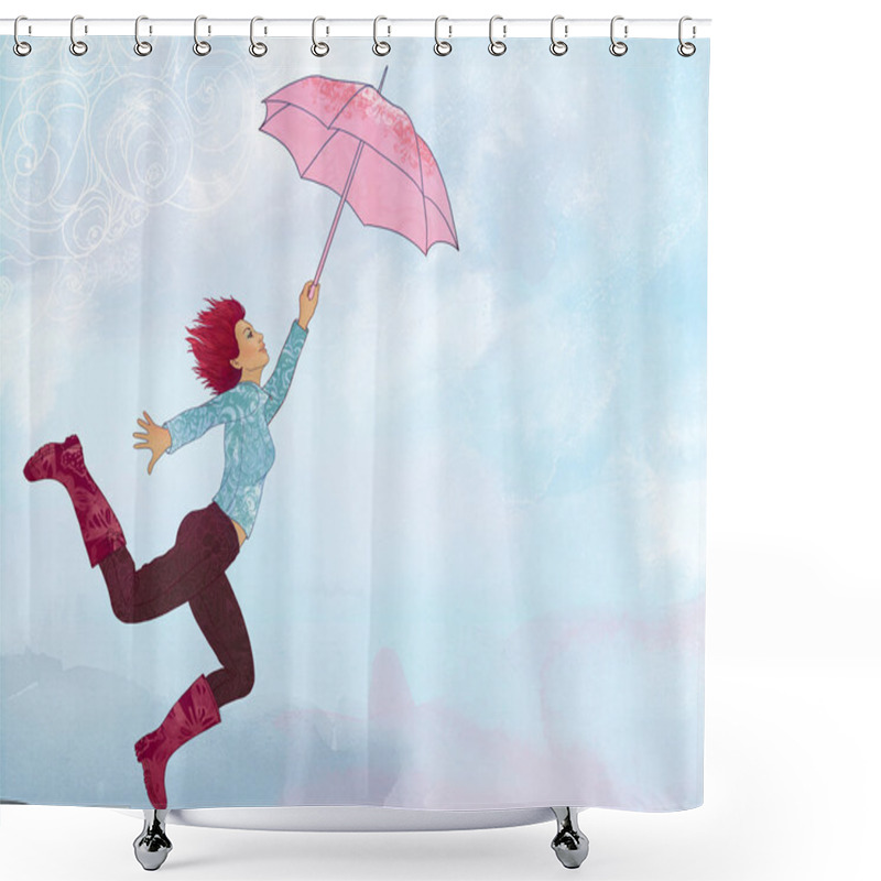 Personality  Business Woman Flying Air With Umbrella Shower Curtains