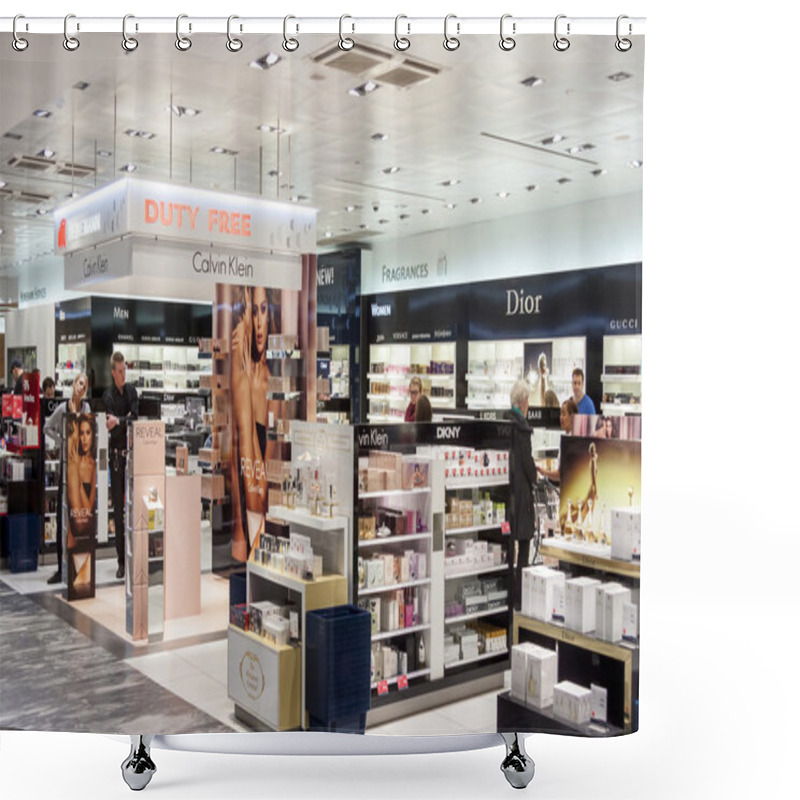 Personality  Interior Of Duty Free Shop At Oslo Gardermoen International Airp Shower Curtains