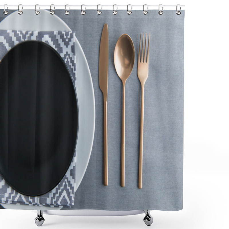 Personality  Top View Of Black Empty Plate, Napkin And Old Fashioned Tarnished Cutlery On Tabletop Shower Curtains