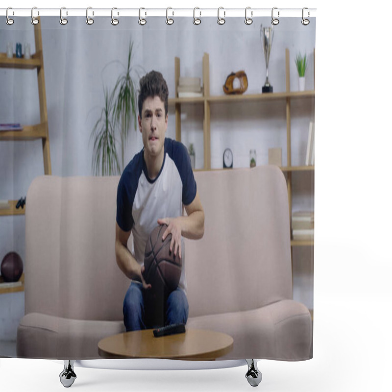 Personality  Tense Sport Fan Sitting On Couch With Ball While Watching Basketball Game On Home Tv Shower Curtains