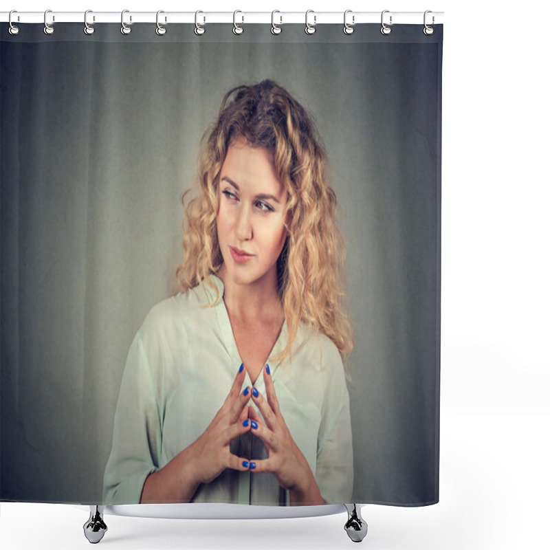 Personality  Sneaky, Sly, Scheming Young Woman Plotting Something  Shower Curtains