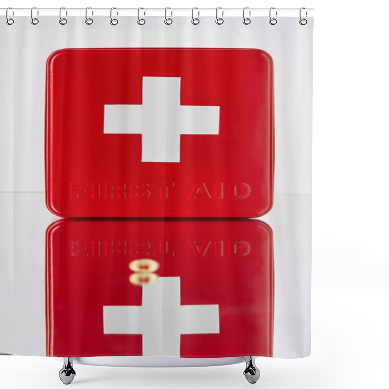 Personality  Red First Aid Kit Box With Omega Capsule On Reflective Surface Shower Curtains