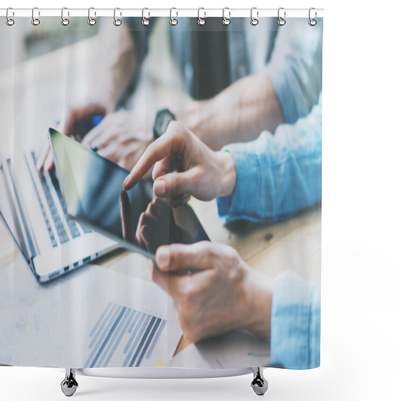 Personality  Coworkers Team Work Process In Modern Office Studio.Project Department Using Hand Digital Tablet.Reflections Screen.Young Business Crew Working With New Startup Studio. Blurred,film Effect Shower Curtains