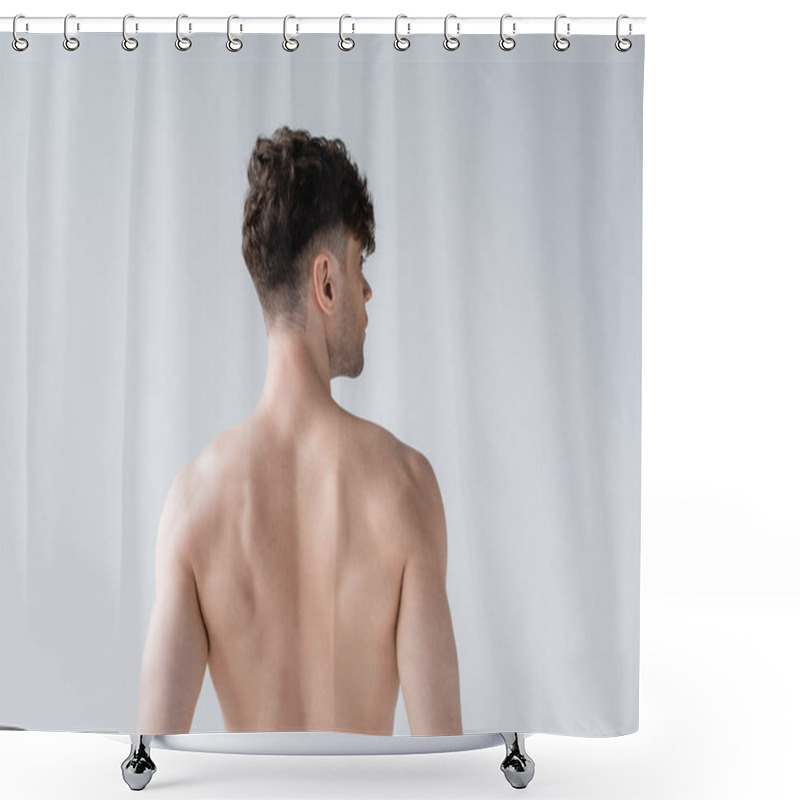 Personality  Back View Of Shirtless Muscular Man Isolated On Grey Shower Curtains