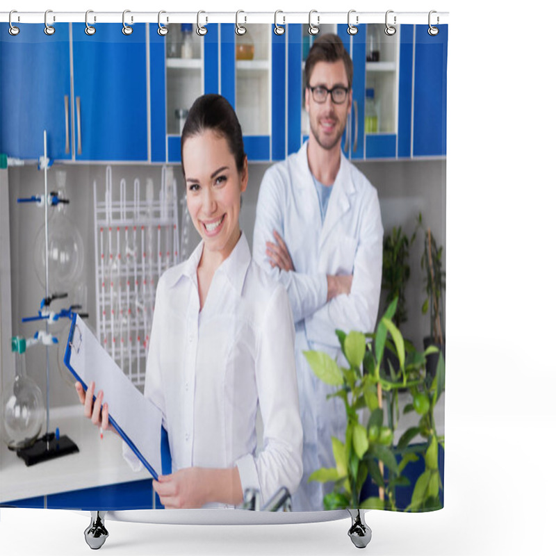 Personality  Scientists During Work At Laboratory  Shower Curtains