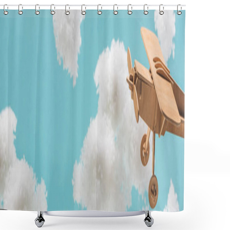 Personality  Wooden Toy Plane Flying Among White Fluffy Clouds Made Of Cotton Wool Isolated On Blue, Panoramic Shot Shower Curtains