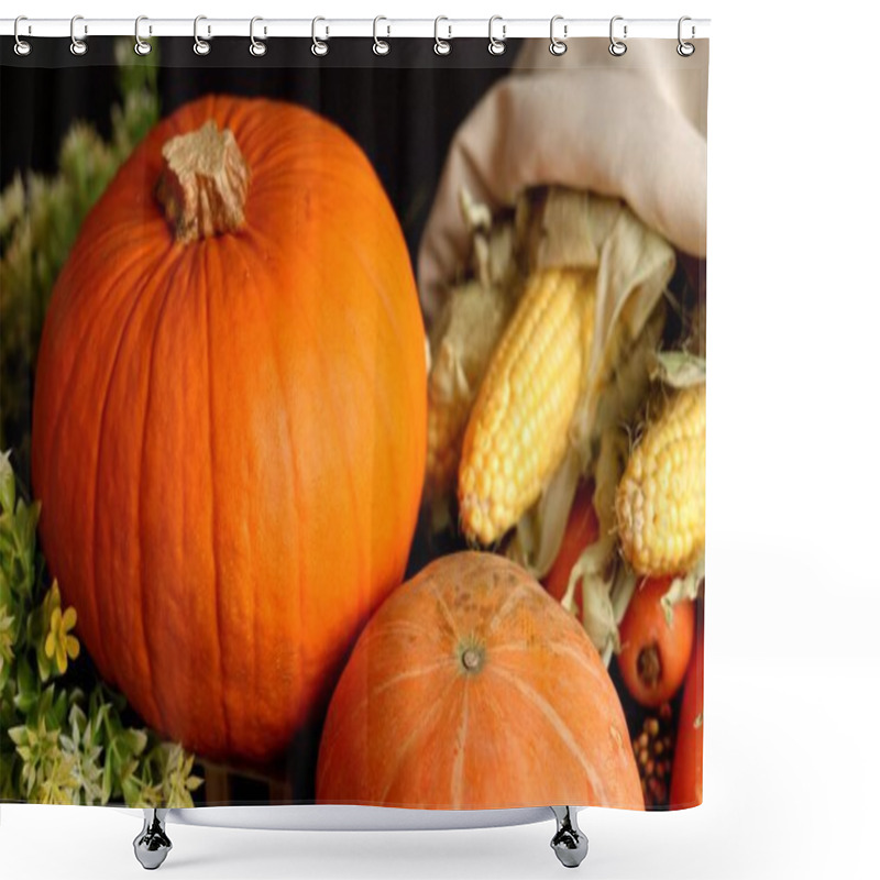 Personality  Pumpkin, Corn, Carrots Evoke Warm Autumn Harvest. Greenery Enhances Cozy Seasonal Vibe, Rustic Charm Perfect For Festive Gatherings, Indoor Fall Decor, Natural Harvest Display. Shower Curtains