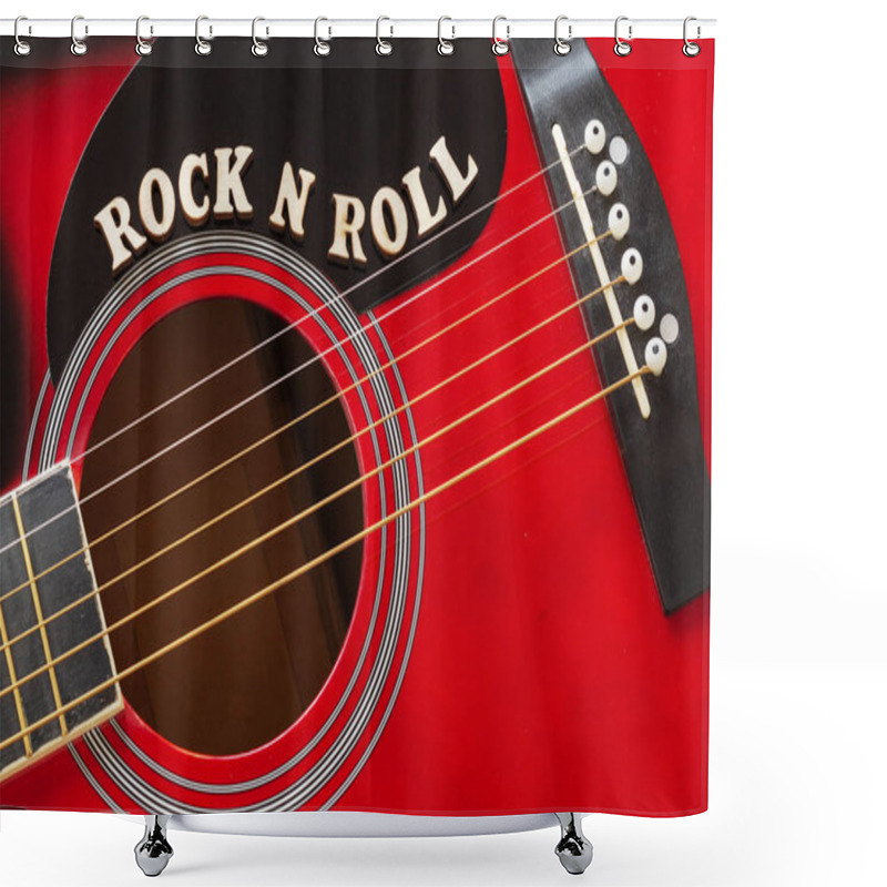 Personality  Words Rock N Roll With Wooden Letters, Closeup On A Surface Of Red Acoustic Guitar. Music Entertainment Background. Shower Curtains