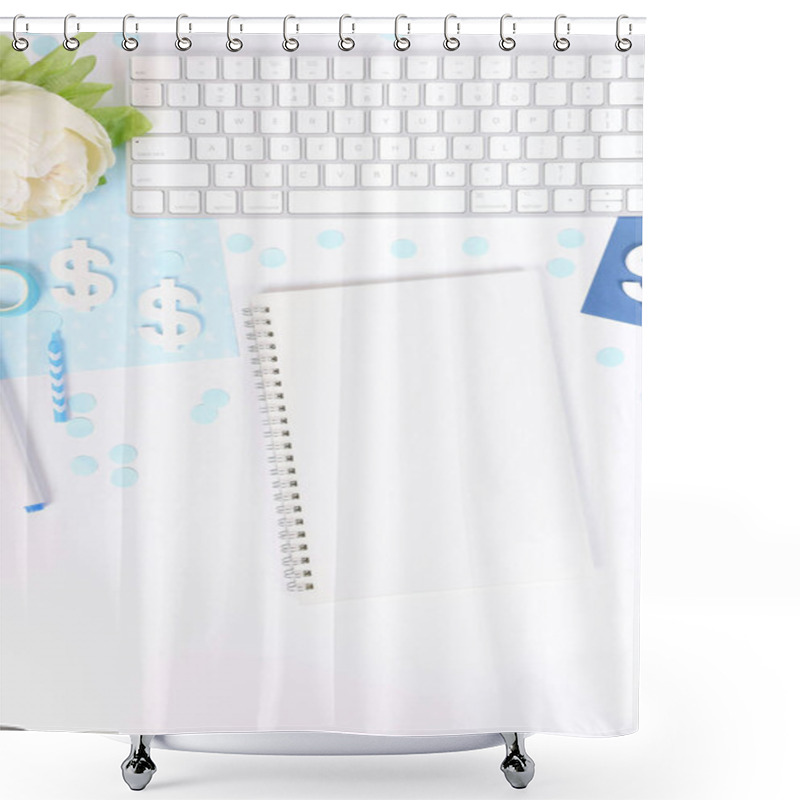 Personality  White Workspace With Notebook, Keyboard, And Blue Decorations. Shower Curtains