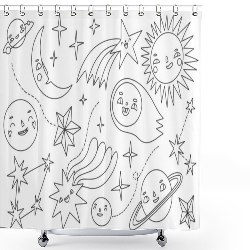 Personality  Space Elements Collection. Outline Doodles. Cartoon Planets, Stars, Sun, Moon, Comet With Faces. Funny Universe Characters For Kids. Cute Cosmic Illustration For Coloring Page. Vector Set. Zentangle Shower Curtains