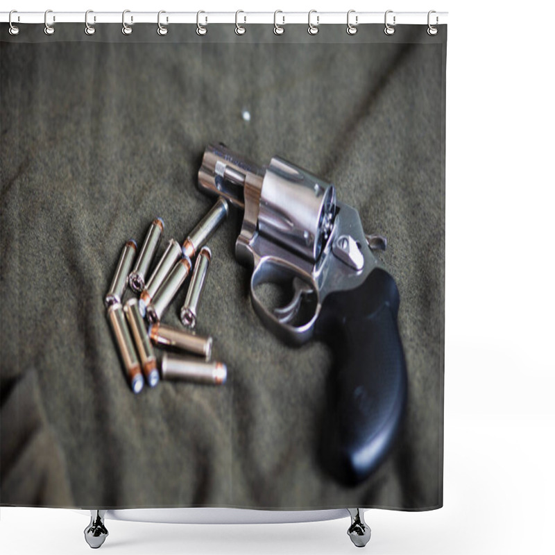 Personality  357 Magnum Revolver Classic Gun With Bullet On Cloth Background Shower Curtains