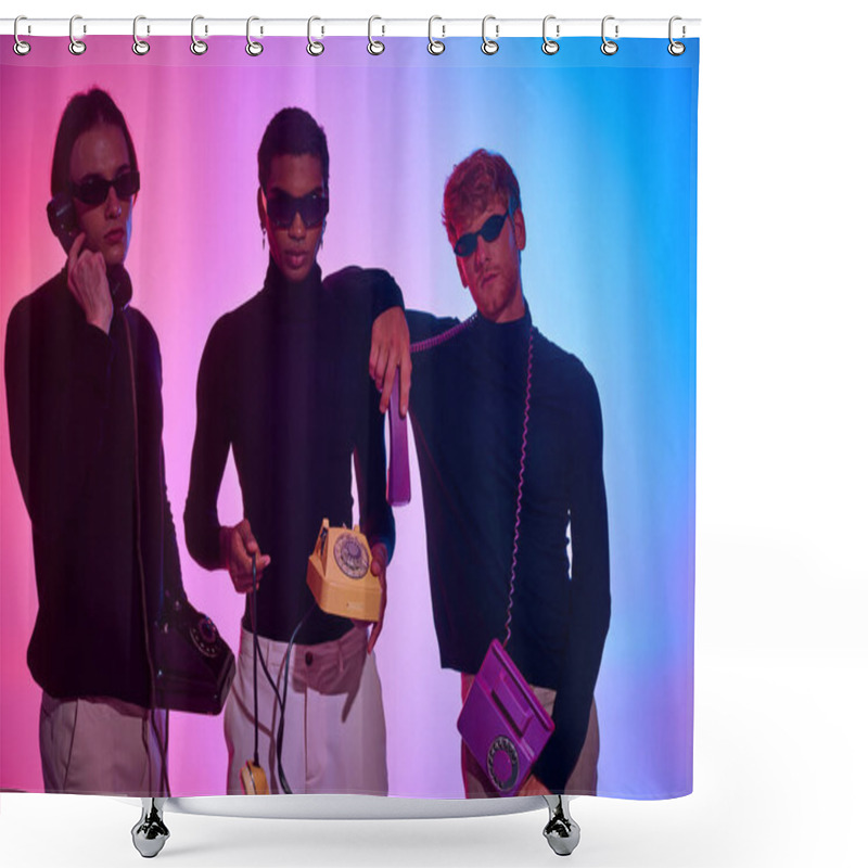 Personality  Three Young Men In Black Outfits Holding Landline Phones Wearing Sunglasses, Fashion Concept Shower Curtains