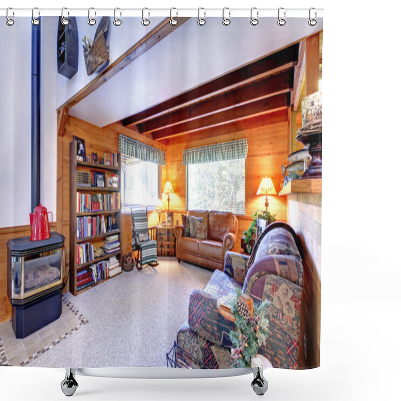 Personality  Living Room Interior With Antique Fireplace In Log Cabin House Shower Curtains