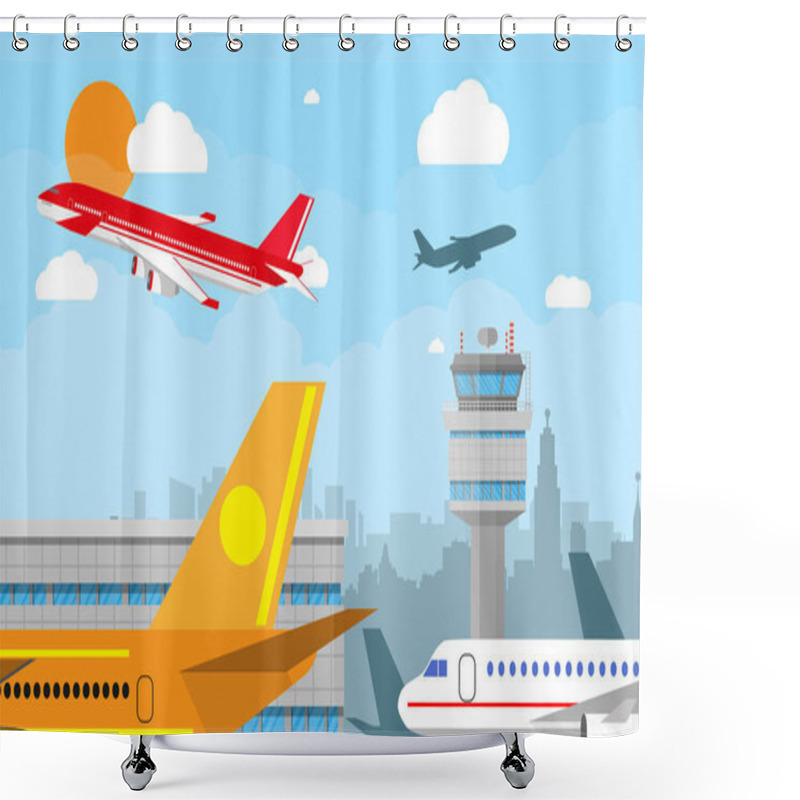 Personality  Airport Control Tower And Flying Airplane Shower Curtains