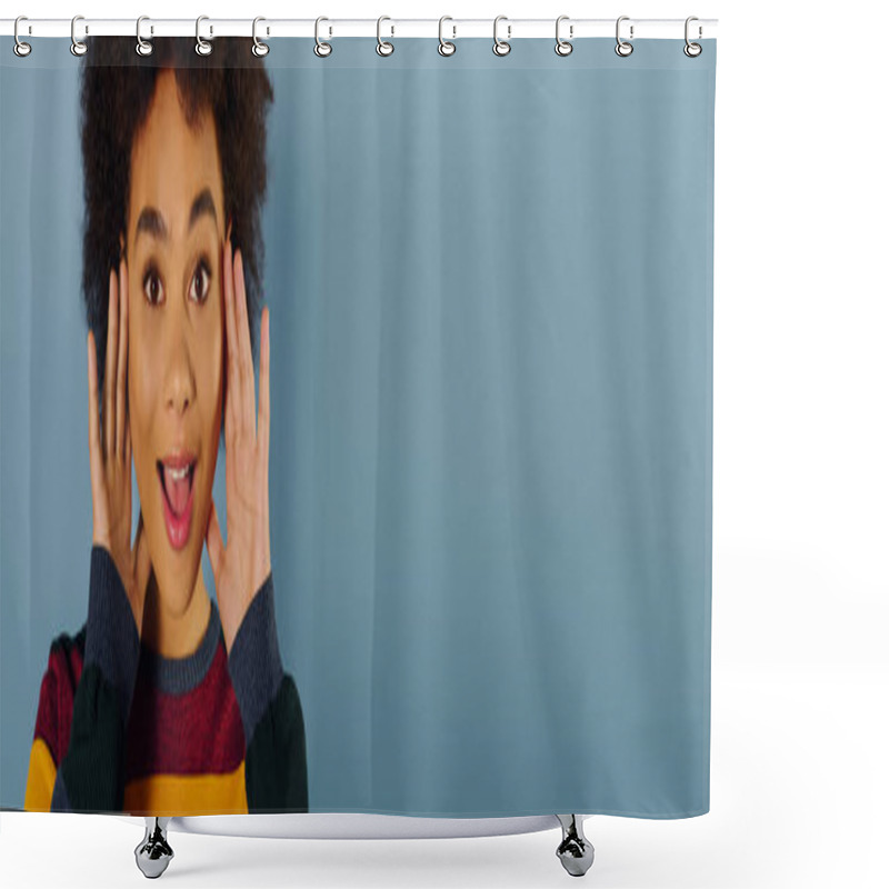 Personality  An Emotional Young Woman Displays Excitement And Happiness With A Vibrant Touch In Her Look. Shower Curtains