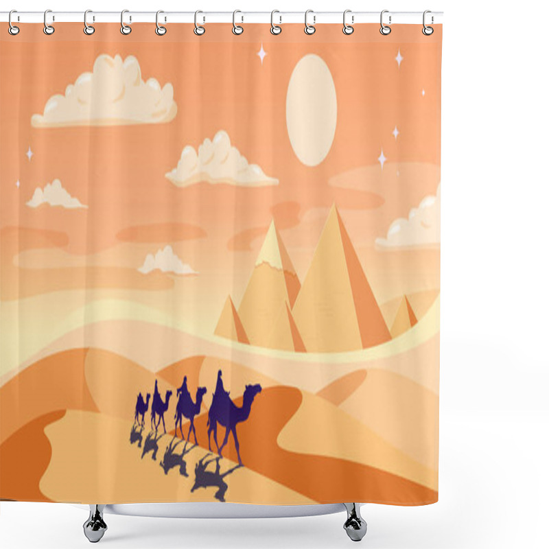 Personality  Arabian Landscape Illustration, Camel Caravan Crossing Desert Near Egyptian Pyramids Ramadan Kareem Vector Illustration. Shower Curtains