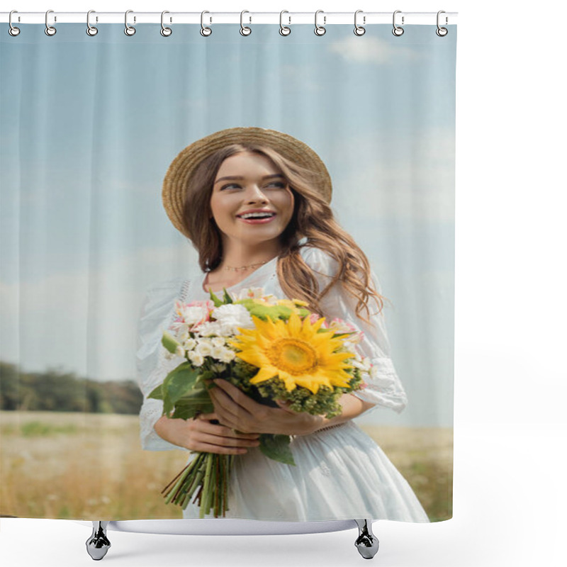 Personality  Portrait Of Cheerful Woman In White Dress With Bouquet Of Wild Flowers In Field Shower Curtains