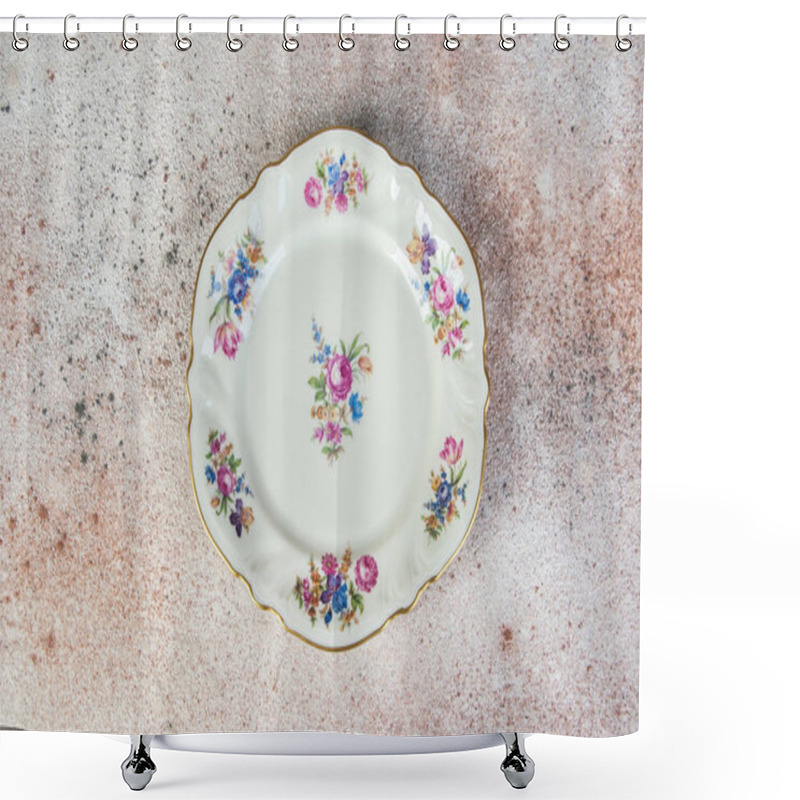 Personality  Antique Porcelain Dish With Painted Flower Bouquetes On Concrete Background. Copy Space For Text, Food Photography Props. Shower Curtains