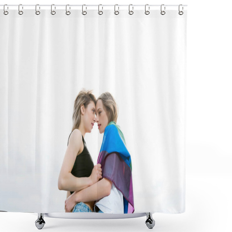 Personality  Homosexual Couple Embracing With Lgbt Flag Shower Curtains