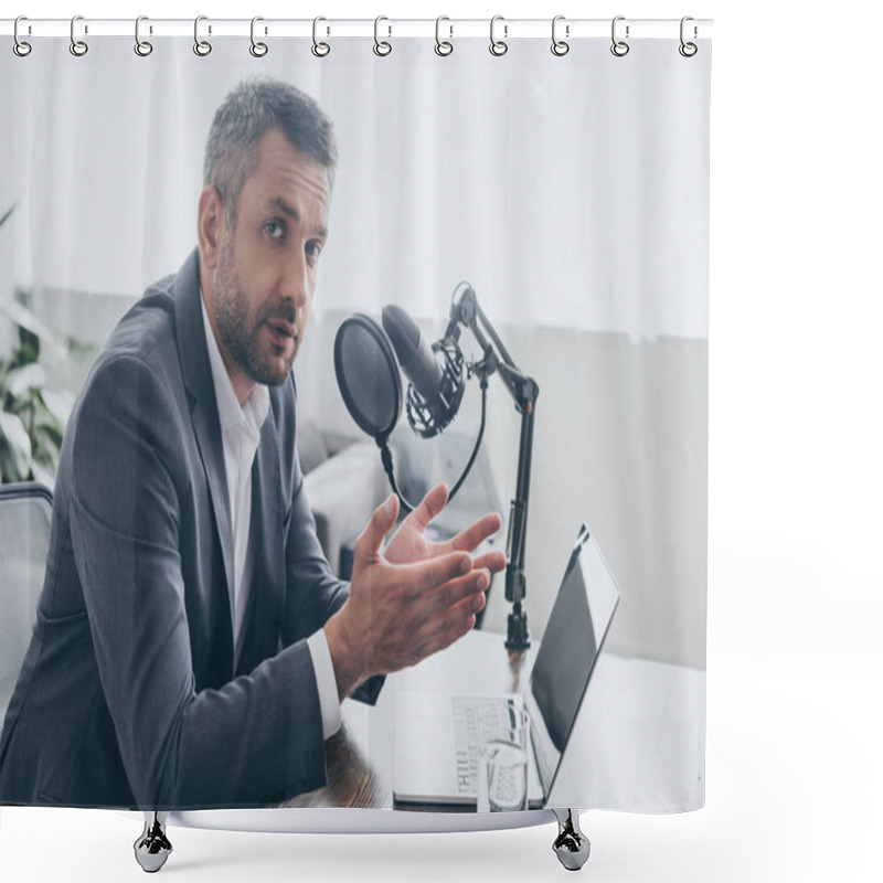 Personality  Handsome Radio Host Gesturing And Looking At Camera While Sitting At Workplace In Broadcasting Studio Shower Curtains