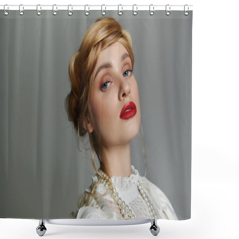 Personality  A Young Woman With Blonde Hair And Blue Eyes In White Lace Against A Grey Backdrop. Shower Curtains