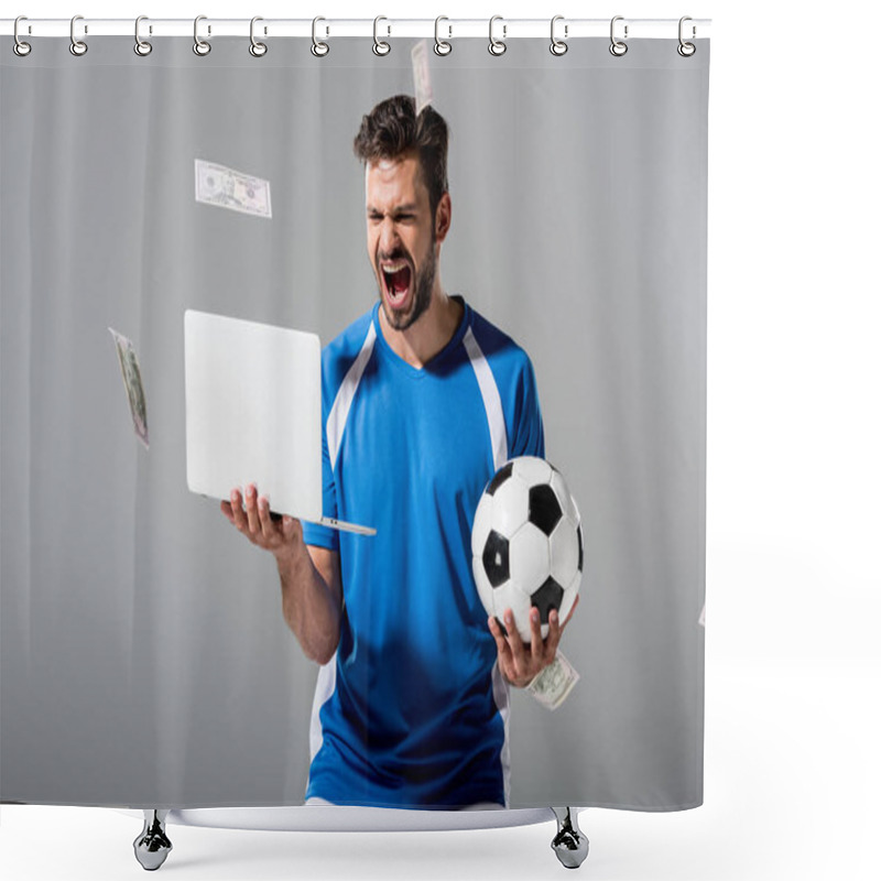 Personality  Excited Soccer Player With Ball And Laptop Near Falling Money On Grey Shower Curtains