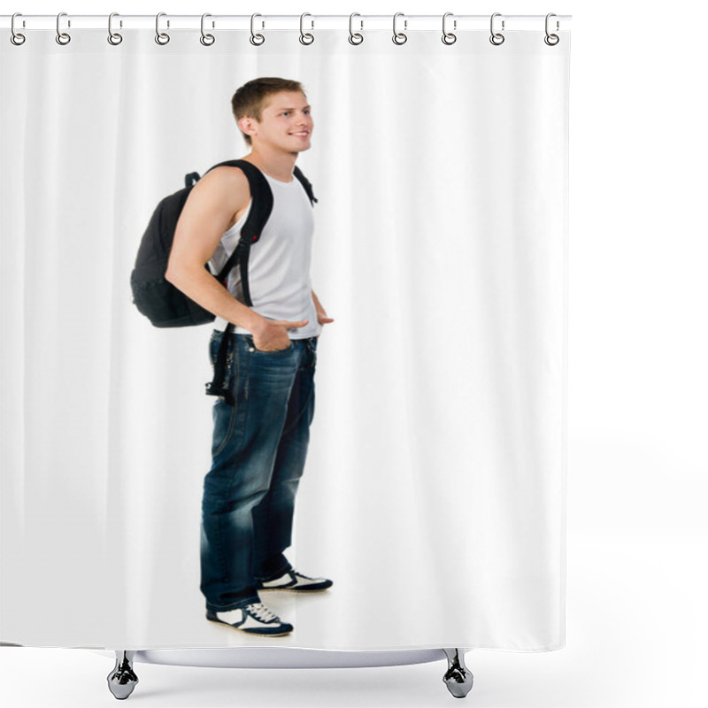 Personality  Pretty Young Man On White Background Shower Curtains