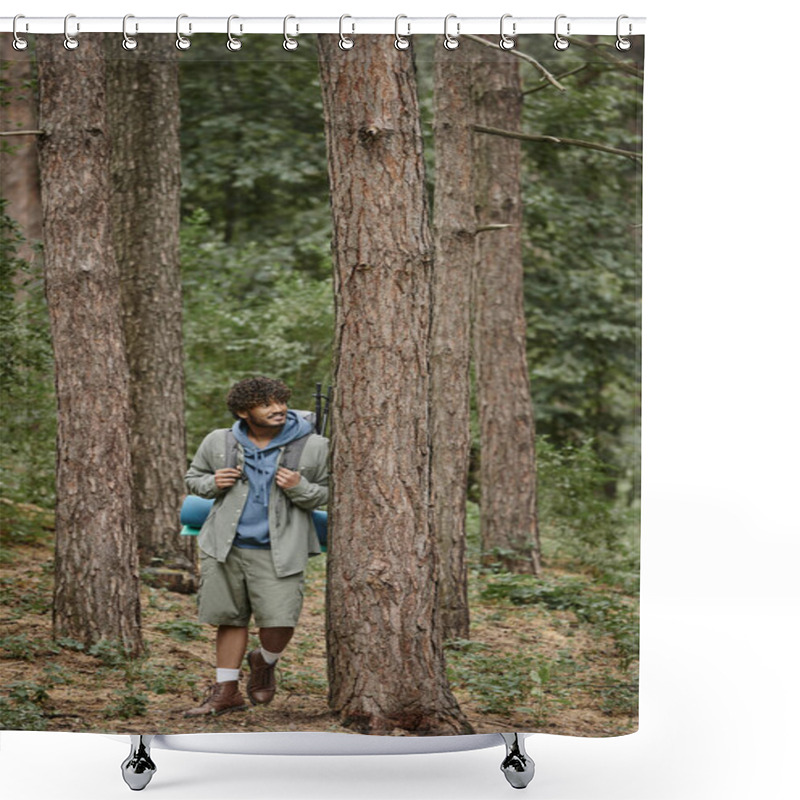 Personality  Smiling Young Indian Traveler With Backpack Standing Near Tree While Resting In Forest Shower Curtains