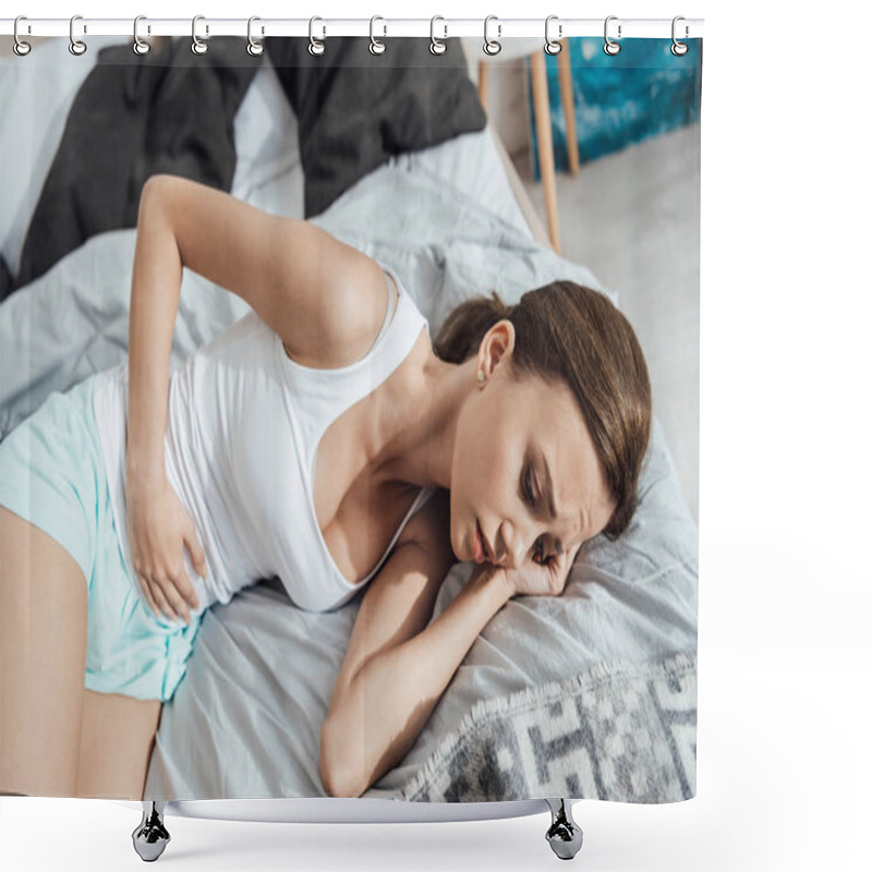 Personality  Upset Young Woman Lying On Bed And Touching Belly Shower Curtains