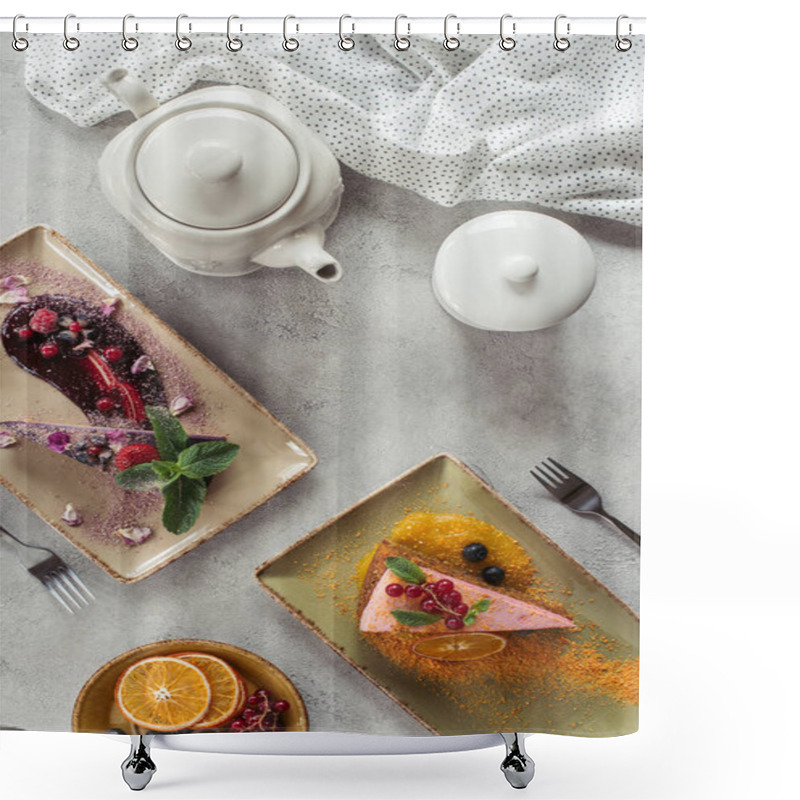 Personality  Flat Lay With Sweet Carrot Cake With Berry Filling, Blueberry Cake Served With Mint Leaves And Violet Petals, Teapot And Linen On Grey Tabletop Shower Curtains