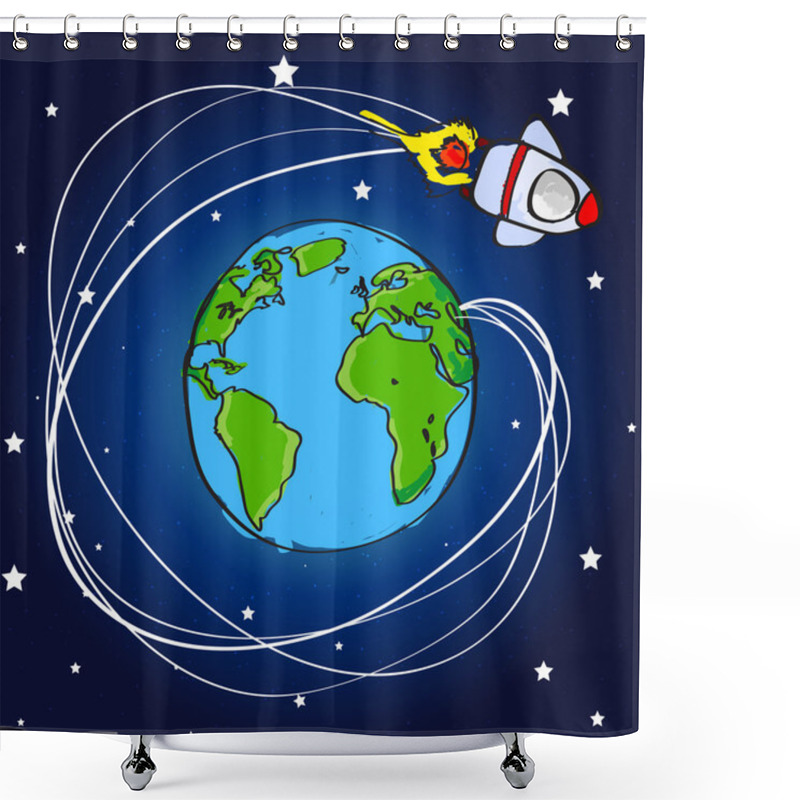 Personality  Hand Drawn Spaceship Flying Around The World Shower Curtains