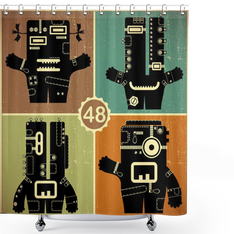 Personality  Set Of Four Monsters At Retro Grunge Background Shower Curtains