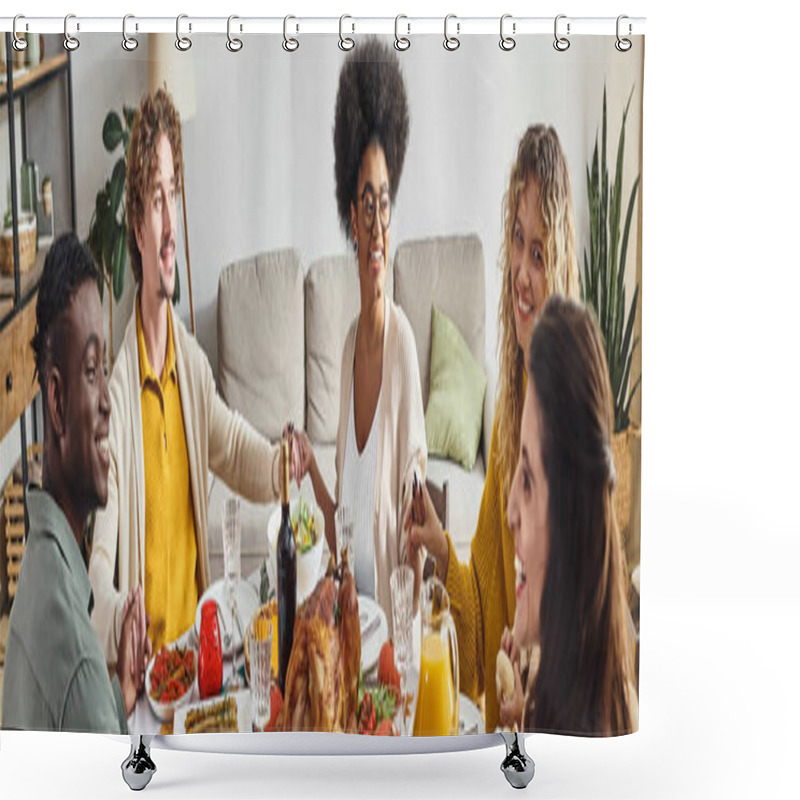 Personality  Smiling Multiethnic Family Sitting And Holding Hands Prying At Holiday Table, Thanksgiving, Banner Shower Curtains