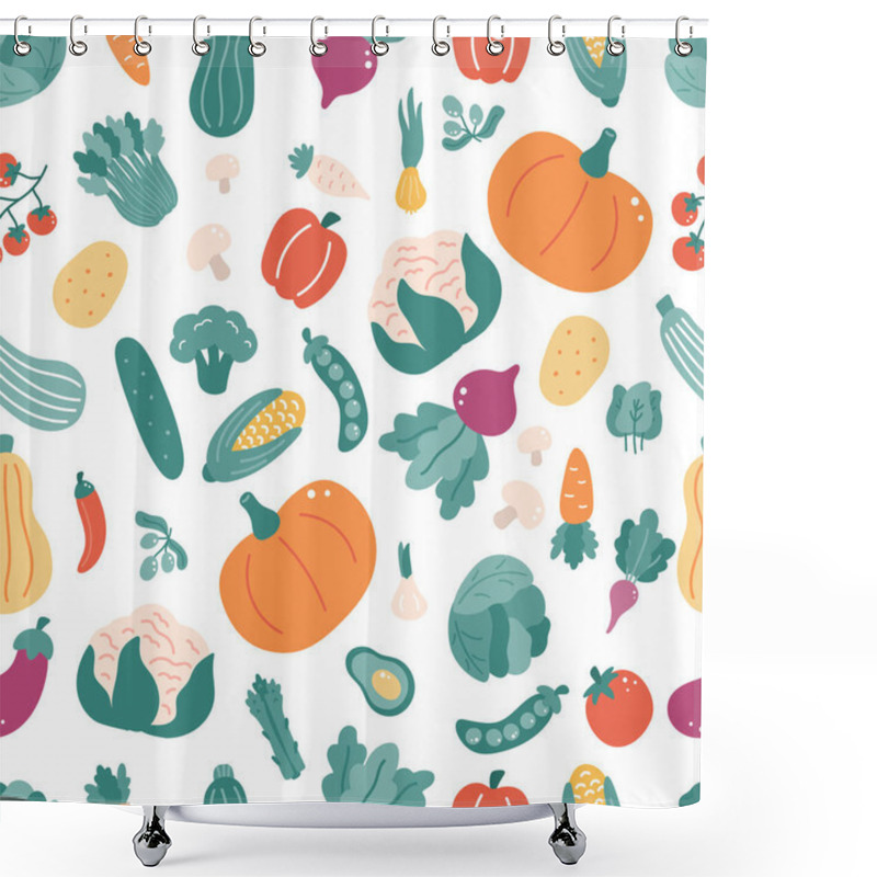 Personality  Seamless Pattern With Vegetables. Hand Drawn Doodle Food On White Background. Ideal For Kitchen Textile, Wallpaper And Print. Vector Illustration. Shower Curtains