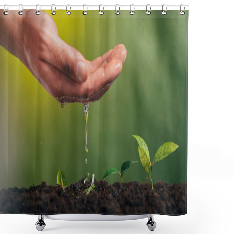 Personality  Partial View Of Man Watering Young Green Plant On Blurred Background, Earth Day Concept Shower Curtains