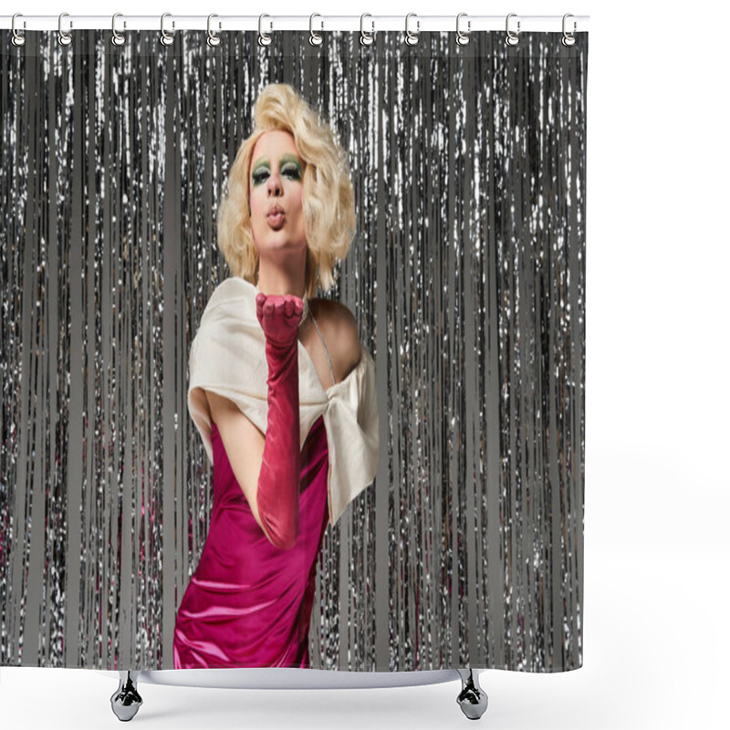 Personality  A Young Drag Artist Blows A Kiss While Striking A Fashionable Pose. Shower Curtains