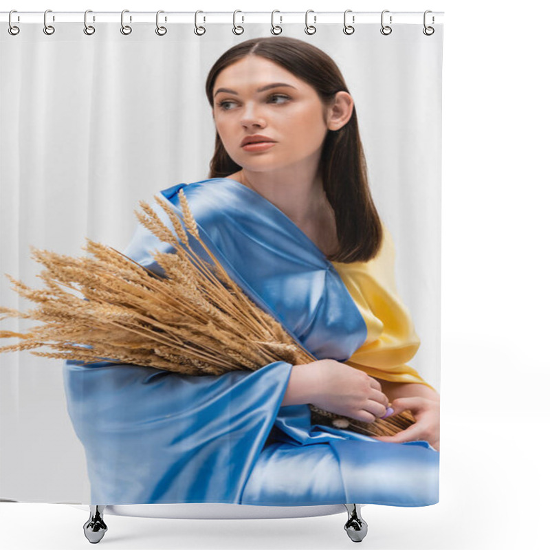 Personality  Brunette Young Ukrainian Woman Covered With Blue And Yellow Flag Holding Wheat Spikelets Isolated On Grey Shower Curtains