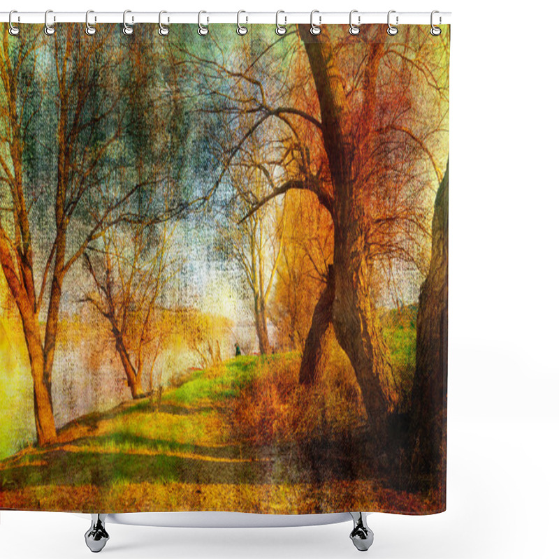 Personality  Art Grunge Landscape Showing Trees Beside The River On Beautiful Autumn Day Shower Curtains