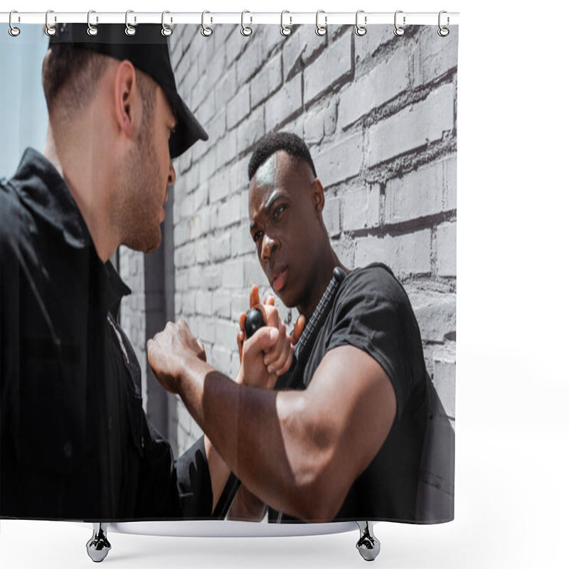 Personality  Selective Focus Of Policeman Detaining Emotional African American Man, Racism Concept  Shower Curtains