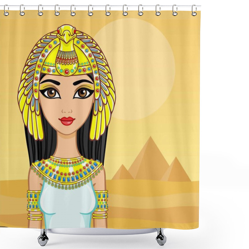 Personality  Animation Portrait Of The Egyptian Queen. A Background - A Landscape The Desert, Pyramids. The Place For The Text. Shower Curtains