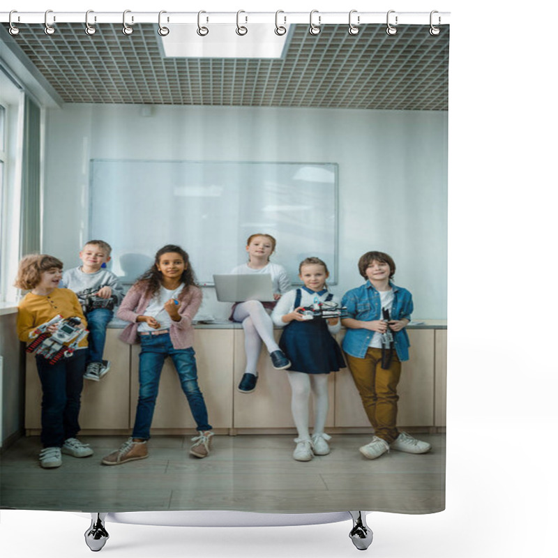 Personality  Group Of Kids Posing Together With Laptop And Robots On Stem Education Class Shower Curtains